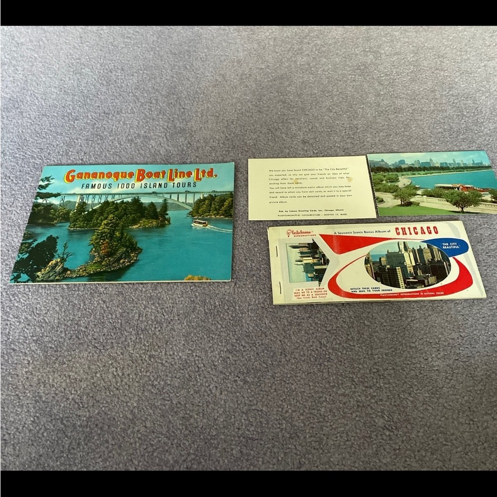 Vintage Famous 1000 Island Tours booklet, and Chicago Postcards